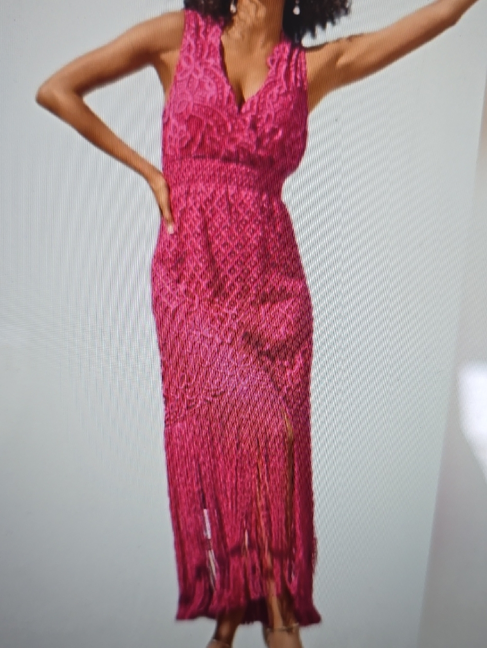 Boston Proper Very Berry Lace V-Neck Maxi Dress w Fringe Hem Sleeveless L NWT - Picture 3 of 11